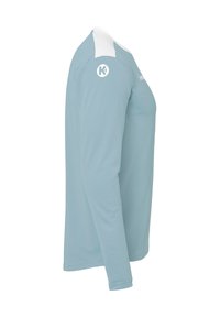 Lange mouwen sportshirt in lichtblauw met witte schouderaccenten, gemaakt van glad, ademend materiaal. Heeft een ronde halslijn en een aansluitende pasvorm.