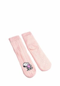 Calze di cotone rosa con texture a trecce, con un grafico di Snoopy che tiene un cuore e motivi a pois su un lato. Design morbido e accogliente.