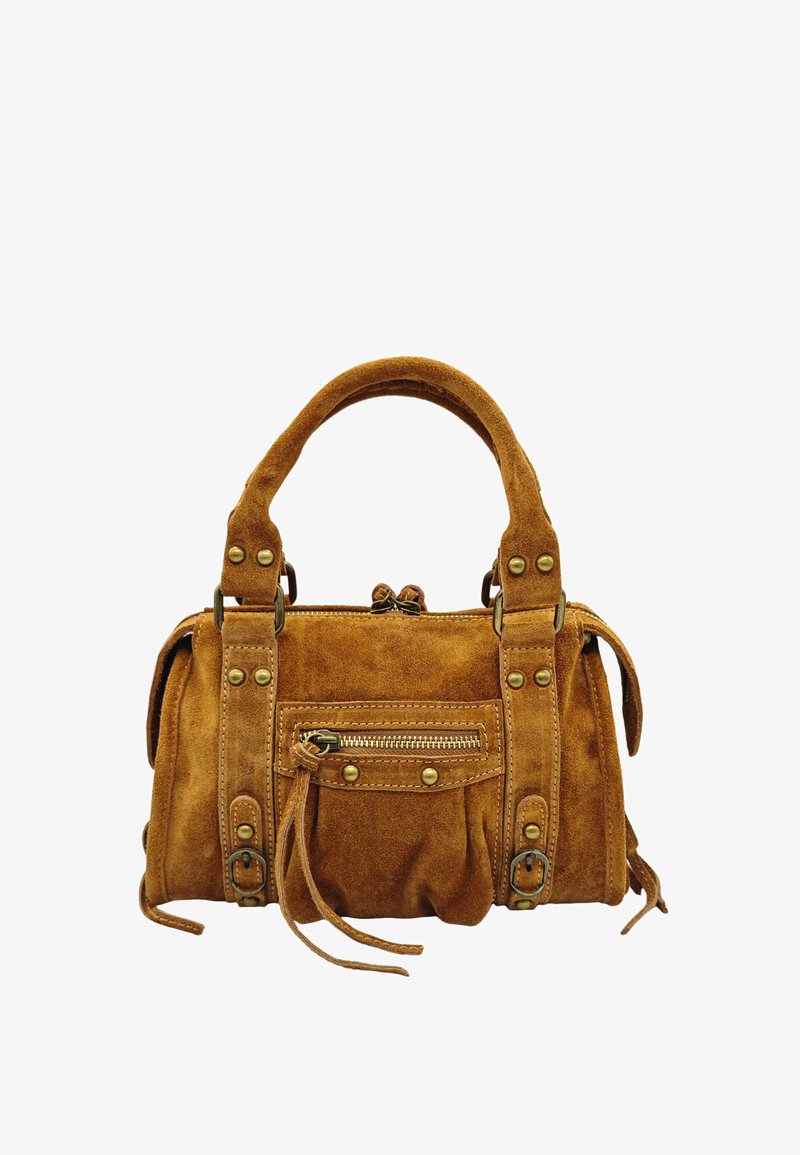 Sac à main en daim marron avec des poignées arrondies, quincaillerie en laiton et une poche frontale zippée. Surface texturée avec des détails de couture visibles.