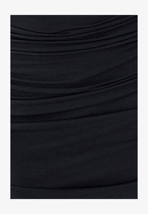 Melna auduma ar savilkšanas tekstūru, ar horizontālām krokām. Gluda, elastīga materiāla ar vienmērīgu krāsojumu, piemērota pieguļošiem apģērbiem.