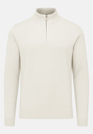 Light beige pullover with a half-zip collar. Features ribbed cuffs and hem. Smooth texture, minimal design without patterns or accents.