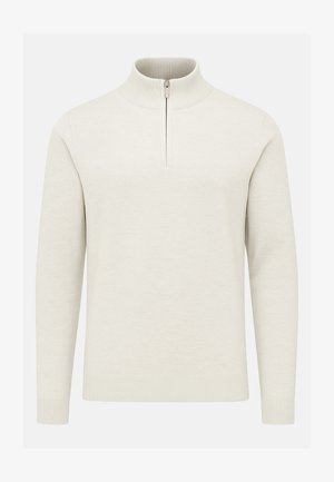 Light beige pullover with a half-zip collar. Features ribbed cuffs and hem. Smooth texture, minimal design without patterns or accents.