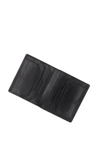 Czarny skórzany portfel o miękkiej fakturze, posiadający wiele slotów na karty oraz elegancki, minimalistyczny design.