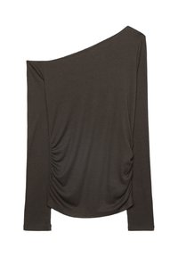 Mørkebrun off-shoulder top med lange ærmer, featuring side ruching detaljer og en blød, glat tekstur. Fremstillet af strækbart stof.