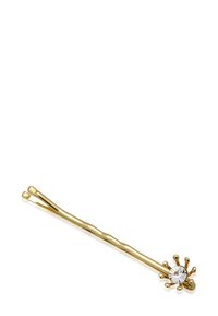 Aiguille en or avec un tige torsadée et un accent de pierre précieuse circulaire, featuring des griffes pour un détail supplémentaire. Surface lisse, finition brillante.