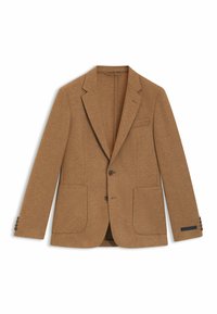 Blazer in lana marrone con chiusura a due bottoni, rever a forma di notizia e tasche applicate. Tessuto testurizzato con dettagli su maniche abbottonate.