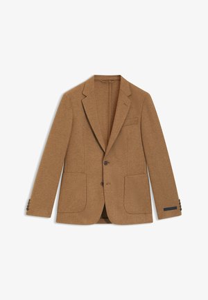 Blazer in lana marrone con chiusura a due bottoni, rever a forma di notizia e tasche applicate. Tessuto testurizzato con dettagli su maniche abbottonate.