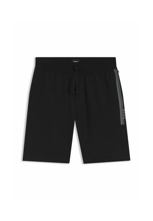 Black knee-length shorts with elastic waistband and drawstring, featuring a reflective vertical stripe and BOSS logo on one side.