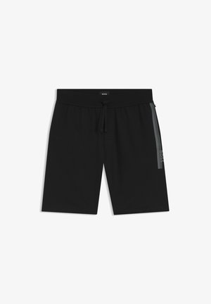 Shorts noirs longueur genou avec taille élastique et cordon, avec une bande verticale réfléchissante et un logo BOSS sur un côté.