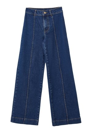 Jean en denim bleu foncé à jambes larges avec détails de coutures avant, fermeture par bouton et passants de ceinture.