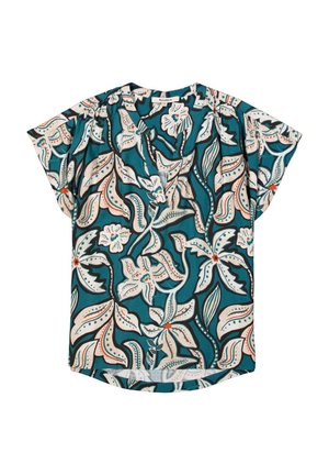 Haut à manches courtes en tissu teal avec un motif floral agrémenté d'accents blancs et oranges, encolure ronde et ourlet incurvé.