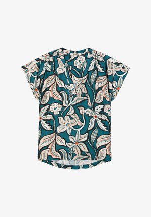 Haut à manches courtes en tissu teal avec un motif floral agrémenté d'accents blancs et oranges, encolure ronde et ourlet incurvé.