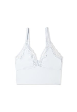 Bralette azzurro chiaro con coppe a triangolo bordate di pizzo e spalline regolabili su sfondo bianco.
