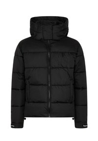 Giubbotto imbottito nero con colletto alto, chiusura con zip, motivo a righe orizzontali e tasche laterali. Tessuto liscio con orlo regolabile.