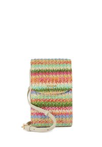 Geweven schoudertas in meerdere kleuren, met horizontale strepen in roze, groen en blauw. Inclusief een beige band en een ritsluiting.