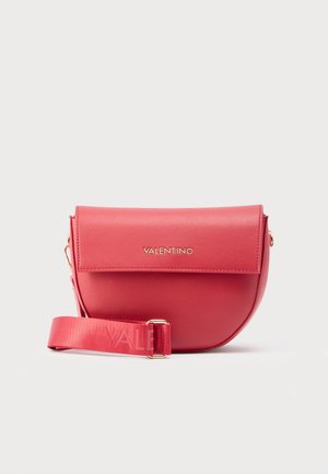 Red Valentino half-moon crossbody bag with flap closure and adjustable strap embossed with 'Valentino' lettering.