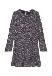 Blumenkleid aus dunklem Stoff, mit langen Ärmeln, rundem Ausschnitt und ausgestelltem Saum. Mehrfarbige Blumen auf schwarzem Hintergrund.