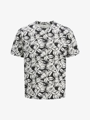 Kortærmet t-shirt lavet af blødt stof med en sort baggrund og et hvidt bladmønster over hele. Rund halsudskæring, løs pasform.