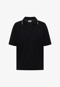 Polo negra de manga corta con ribete blanco en el cuello, abertura en pico y etiqueta con la inscripción "CECIL" en el interior del cuello.