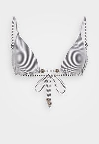 Top bikini a righe bianche e nere con coppe a triangolo, lacci regolabili e perline decorative in metallo al centro e alle estremità.