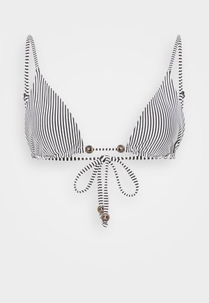 Bikini zgornji del v črno-beli črti s trikotnimi skodelicami, nastavljivimi vezalkami in dekorativnimi kovinskimi biseri na sredini in koncih.