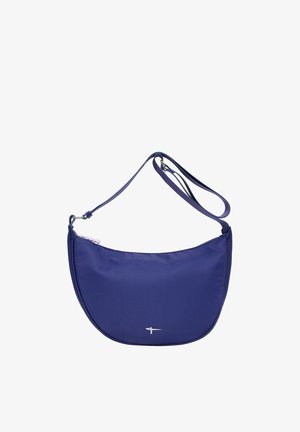 Sac d'épaule bleu marine en forme de croissant avec bandoulière réglable et petit logo oiseau argenté sur le devant.