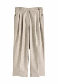 Beige, hoge taille broek gemaakt van textuurstof met voorplooien en twee knopenaccenten bij de taille. Ruime pijpen.