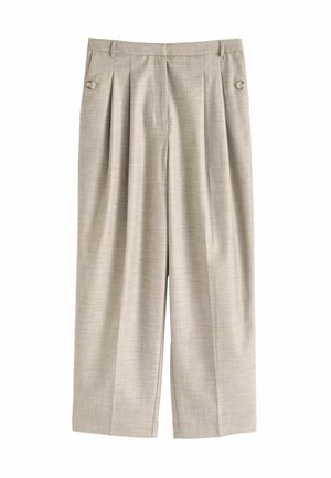 Beige, hochtaillierte Hose aus strukturiertem Stoff mit vorderen Falten und zwei Knopfdetails an der Taille. Weit geschnitten.