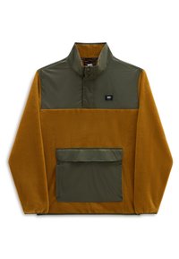 Sudadera de forro polar y nylon en mostaza y verde olivo. Presenta un alto cuello, cierre a presión y un bolsillo frontal con solapa. Textura suave.