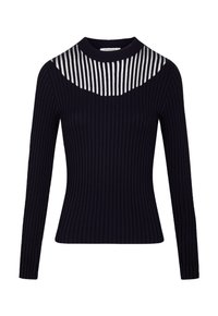 Marinblå ribbstickad tröja med långa ärmar och ett genomskinligt randigt ok-design, utrustad med rund halsringning och figurnära silhuett.