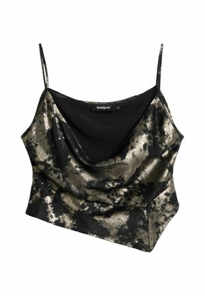 Čierne a kovovo zlaté tielko bez rukávov s preloženým výstrihom. Má textúrovaný, abstraktný vzor a priliehavý strih.