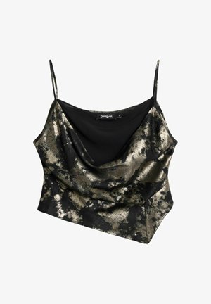 Schwarzes und metallisch goldenes ärmelloses Oberteil mit drapiertem Ausschnitt. Verfügt über ein strukturiertes, abstraktes Muster und eine figurbetonte Passform.