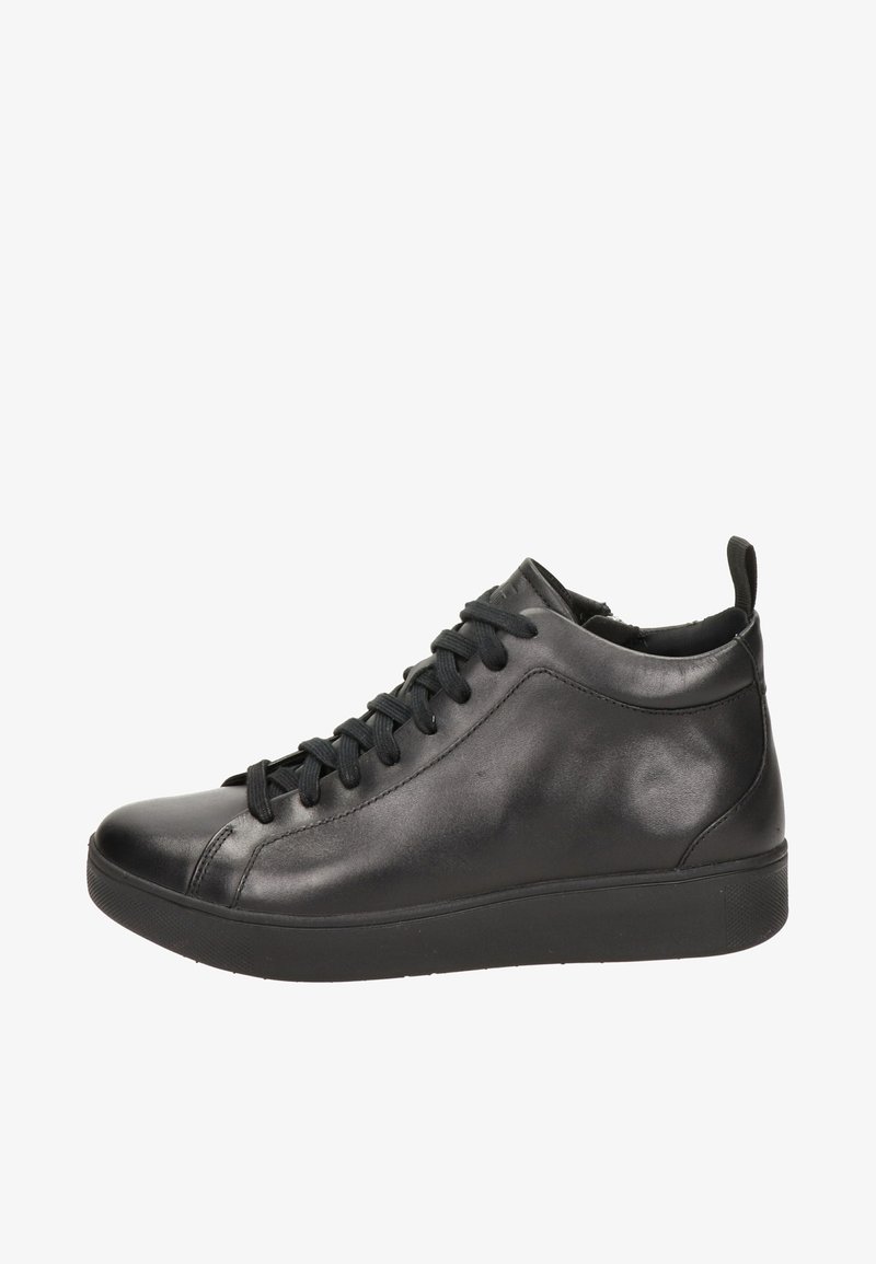 Black leather high-top sneakers with a smooth texture, round toe, lace-up front, and a pull tab at the back for easy wear.