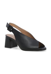 Decolletè slingback in pelle nera con punta aperta, tacco a blocco rettangolare e cinturino regolabile. Texture liscia e dettagli di design minimi.