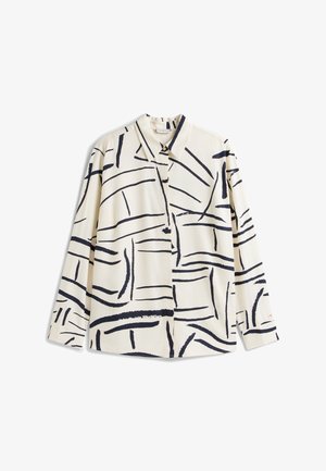 Langärmeliges Hemd in Creme mit einem schwarzen abstrakten Linienmuster, mit Kragen und durchgehendem Knopfverschluss, aus glattem Stoff gefertigt.