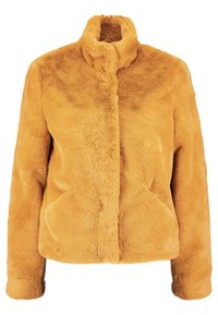 Mjuk, kort karamelbrun fuskpälsjacka med hög krage, långa ärmar och två framfickor, designad för värme och stil.