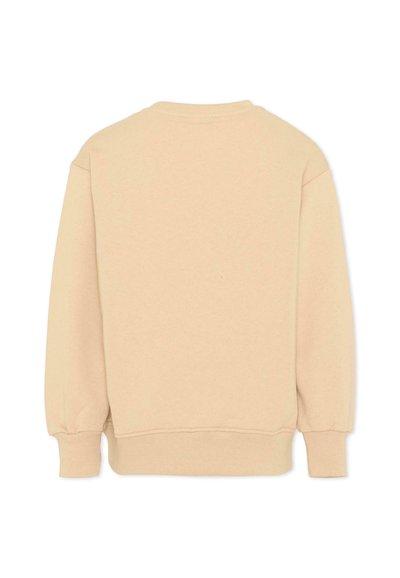 Sweat-shirt beige à col rond avec manches longues et poignets et ourlet côtelés, vu de dos sur un fond blanc.