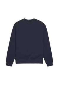 Granatowy sweatshirt z okrągłym dekoltem, długimi rękawami i ściśniętymi mankietami. Gładka tekstura, prosty design, bez widocznych logo lub wzorów.
