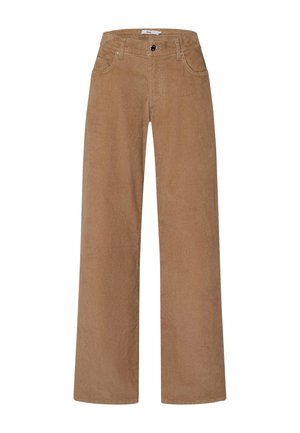 Brede corduroy broek in een warme bruine tint, met een knoopsluiting, zijzakken en een zachte, textuurrijke stof.