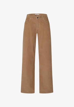 Weite Cordhose aus Kordstoff in einem warmen Braunton, mit Knopfverschluss, frontalen Taschen und einem weichen, strukturierten Stoff.