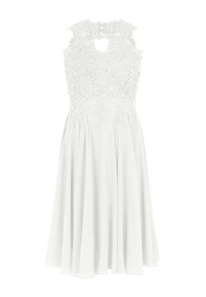 White sleeveless dress with floral lace bodice, keyhole neckline, and flowing pleated skirt.