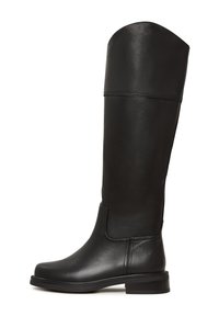 Knee-high black leather boots with a smooth texture, rounded toe, minimal stitching, and a low stacked heel. Simple design with a classic silhouette.