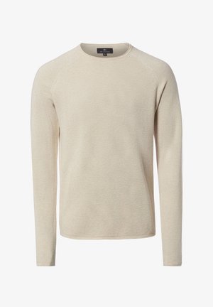 Pull beige à manches longues avec encolure ronde, en tissu texturé, présentant des manches raglan et un ourlet droit pour une coupe décontractée.