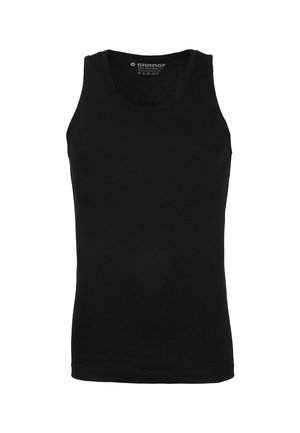 Zwarte heren tanktop zonder mouwen met ronde hals, gemarkeerd als medium maat en semi-lichaamsfit, effen ontwerp zonder patronen.