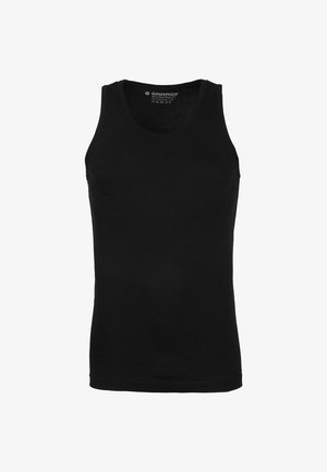 Zwarte heren tanktop zonder mouwen met ronde hals, gemarkeerd als medium maat en semi-lichaamsfit, effen ontwerp zonder patronen.