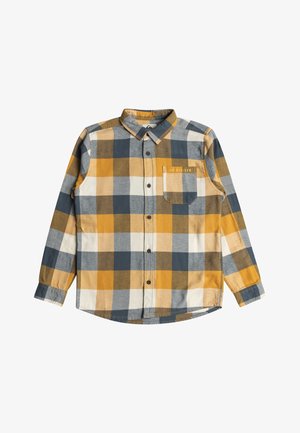 Overhemd met lange mouwen en knopen, met een geel, grijs, wit en bruin geruit patroon en een borstzak met het label "QUIKSILVER".