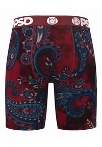 Pánské boxerky s kašmírovým vzorem v barvě vínové, modrými květinovými akcenty, síťovanou strukturou a bílým logem PSD na pásku.