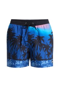 Μπλε μαγιό βερμούδα με διαβάθμιση από ανοιχτό μπλε σε σκούρο, με μαύρες σιλουέτες φοίνικων και υφασμάτινη σχεδίαση στο τελείωμα.