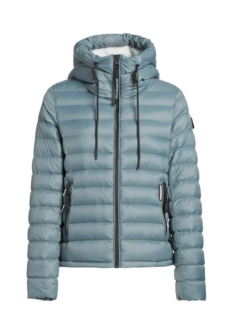Hellblau gefütterte Jacke mit Kapuze, mit horizontalem Steppmuster, Reißverschluss vorne, verstellbaren Kordeln und seitlichen Reißverschlusstaschen.