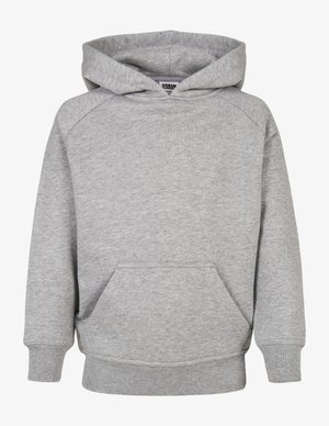 Siva mikica iz mehkega bombažnega blenda, z sprednjim kenguru žepom, rebrastimi manšetami in kapuco na vrvici. Preprost, vsestranski dizajn.